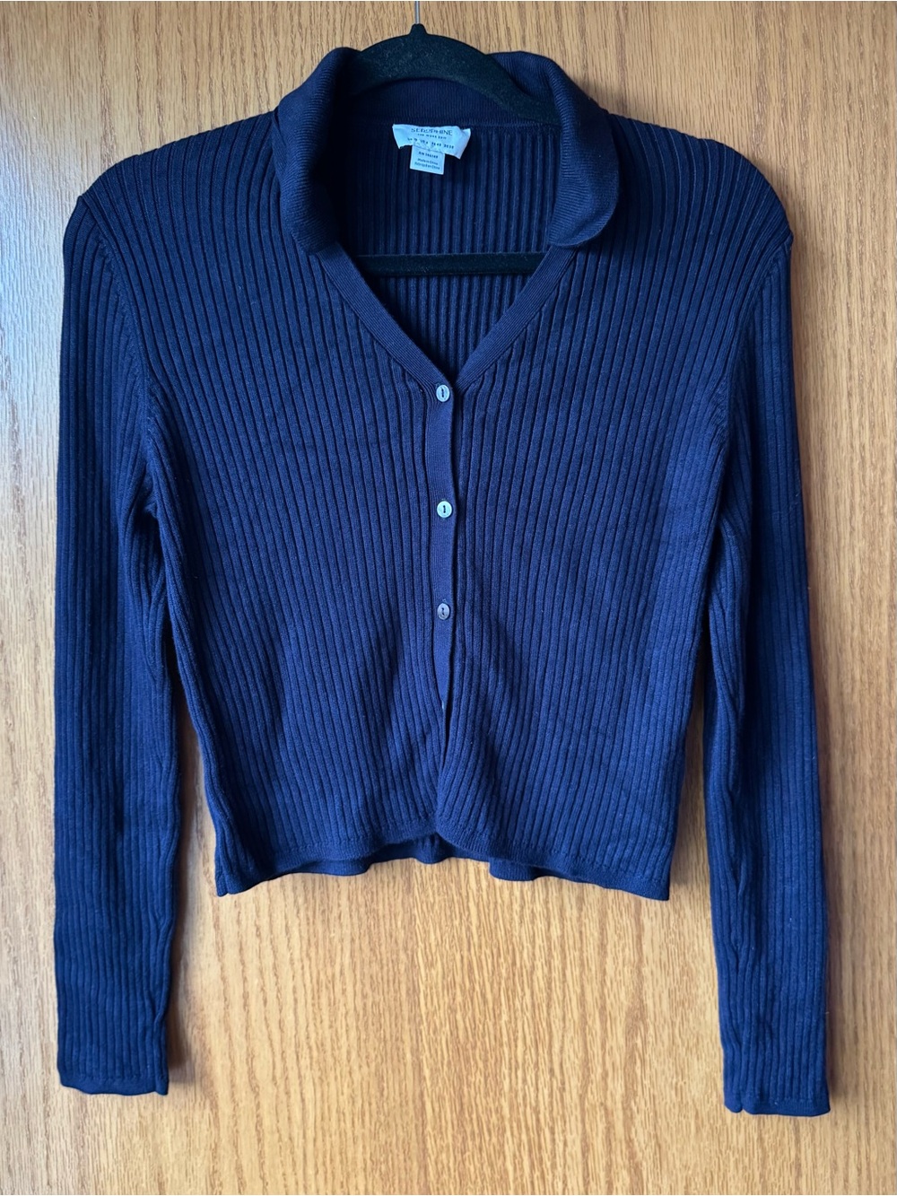 SERAPHINE Ribbed Button-Front Navy Top size 6